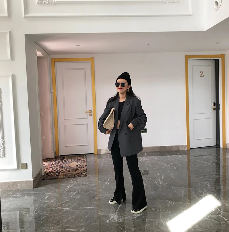 Yamamoto стиль преувеличенный сложенный Фонарь рукава, папа маленький костюм куртка, женский серый повседневный осенний костюм, стиль