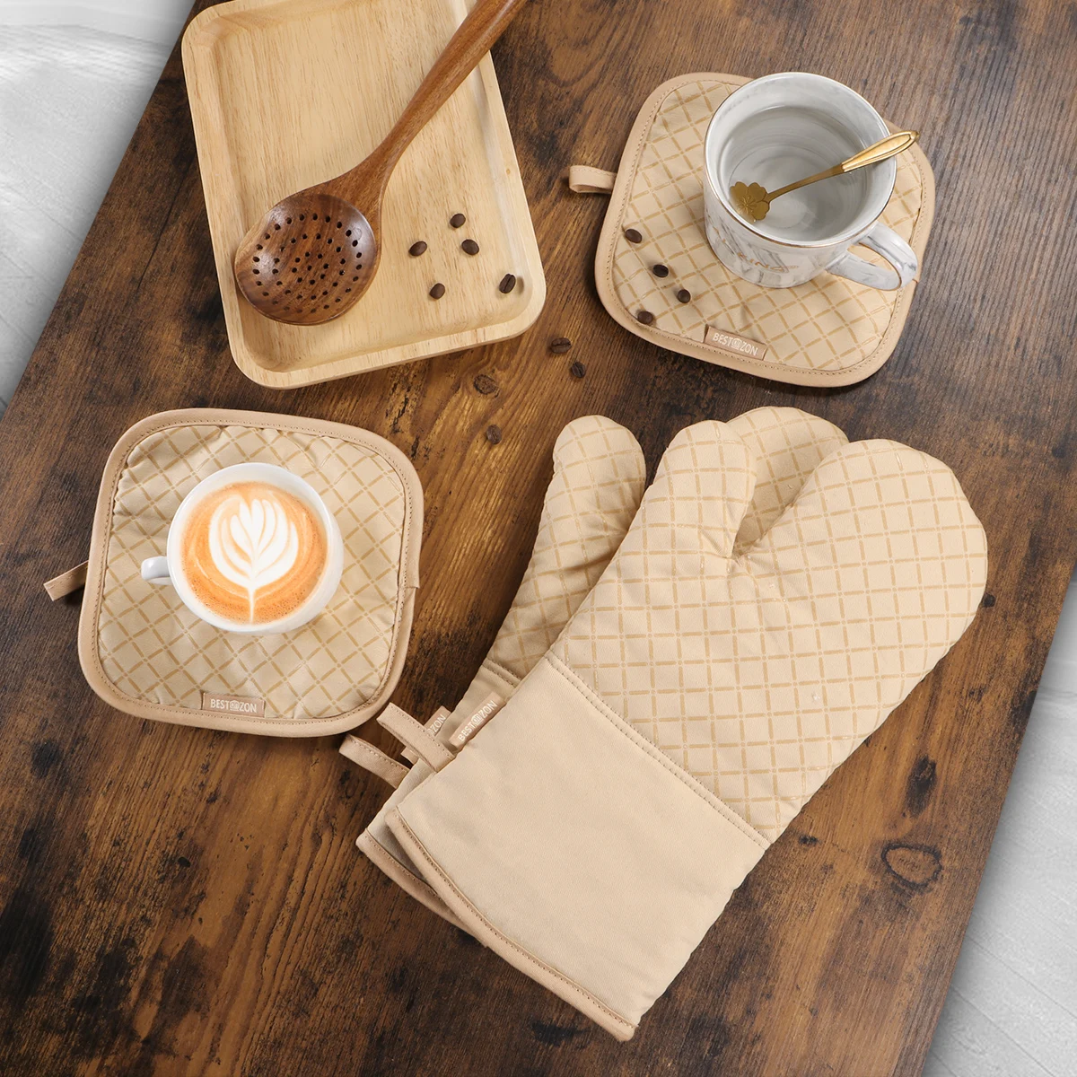 1 Set Premium Protective Beige Heat Resistant Oven Pot Holders Oven Gloves Set Oven Mitt Set For Baking Home Kitchen Barbecue