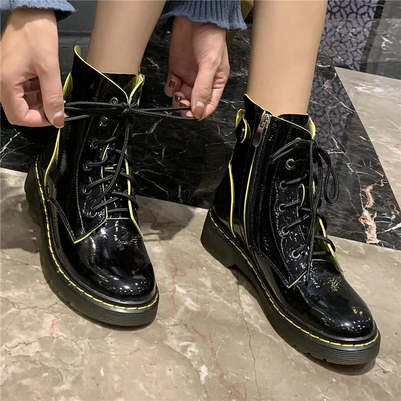 FEDONAS Patent Leather Women Casual Ankle Boots Cross-tied Autumn Winter Keep Warm Short Boots Basic New Fashion Shoes Woman