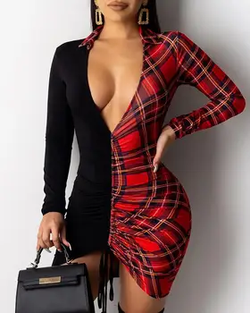 

Grid Print Insert Drawstring Bodycon Dress Elastic Lady Casual Dress Wome Long Sleeve V-Neck Slim Fit Party Club Dress Vestidos