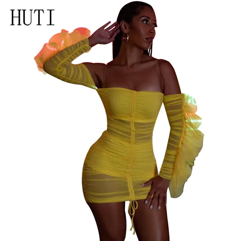 

HUTI Off Shoulder Nine Points Sleeve Women Fashion Sexy See Through Mesh Mini Short Dress Women Yellow Bodycon Sheer Club Dress