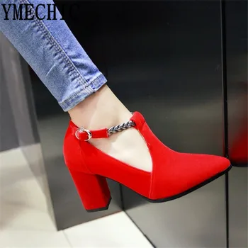 

2019 Spring High Block Heel Party Shoes Women Red Blue Fashion T Ankle Strap Ladies Mary Jane Shoes Pumps Heels Big Size