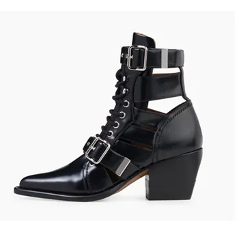 

Mature Lace-Up Hollow Out Ankle Boots Cross-tied Pointed Toe Martin Boots Fashion Buckle Strap Women Boots Zapatos De Mujer