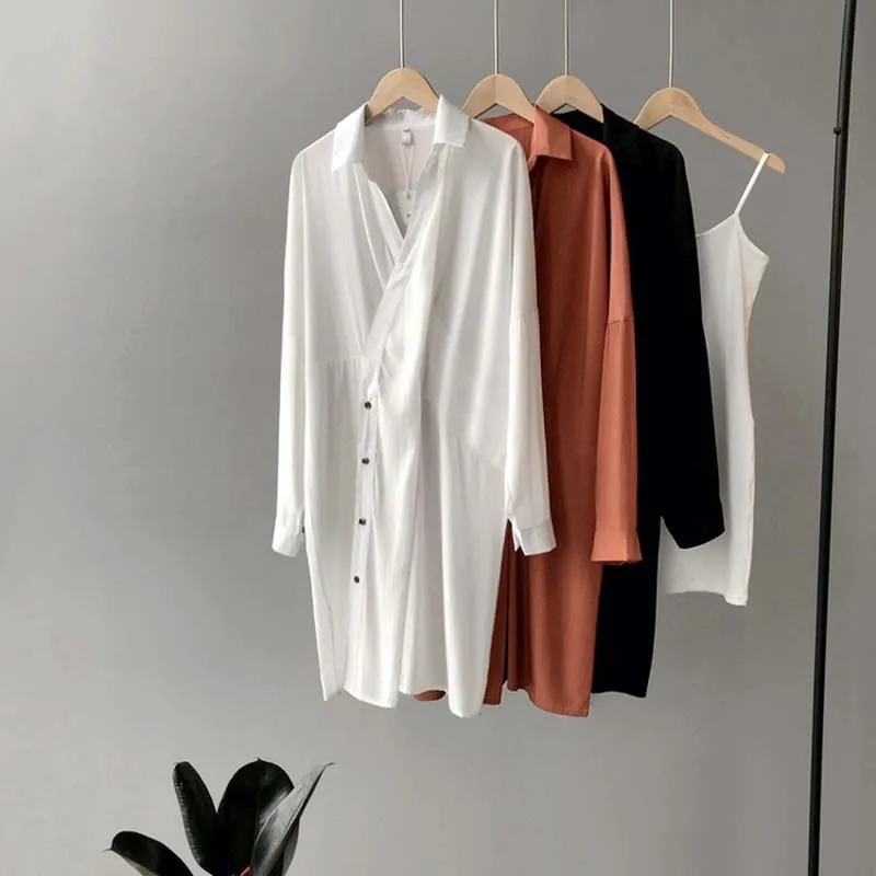 

Oblique Buckle Women Shirts Dress V-Neck Long Sleeve Loose Boyfriend Orange Black Irregular Women Long Sleeve Tender Dress
