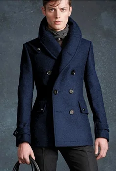Men’s woolen coat Paris show handsome military style double row autumn and winter youth mid-length woolen trench coat Double Breasted Coat Men Men Wool Coat Outwear & Jackets Color: Blue Size: XXXL