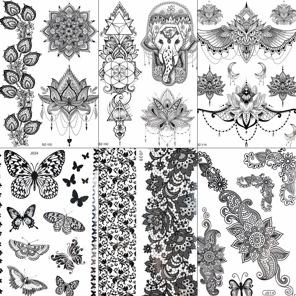 

FANRUI Ganesha Elephant Black Henna Temporary Tattoo Sticker Lace Chains Mehndi Fake Tatoo Butterfly Body Art Arm Tattoo DIY