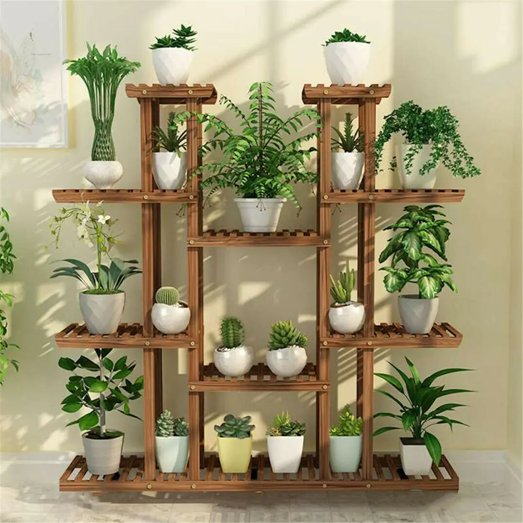 UNHO Multi-Tier Plant Stand, 46in Height Wood Flower Rack Holder 16 Potted Display Storage Shelves Indoor Outdoor for Patio Gard