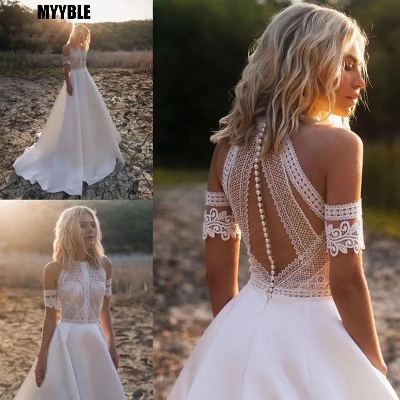MYYBLE Robe De Mariee богемное свадебное платье es дизайн кружевные Сатиновые Свадебные платья ТРАПЕЦИЕВИДНОЕ свадебное платье на пуговицах сзади