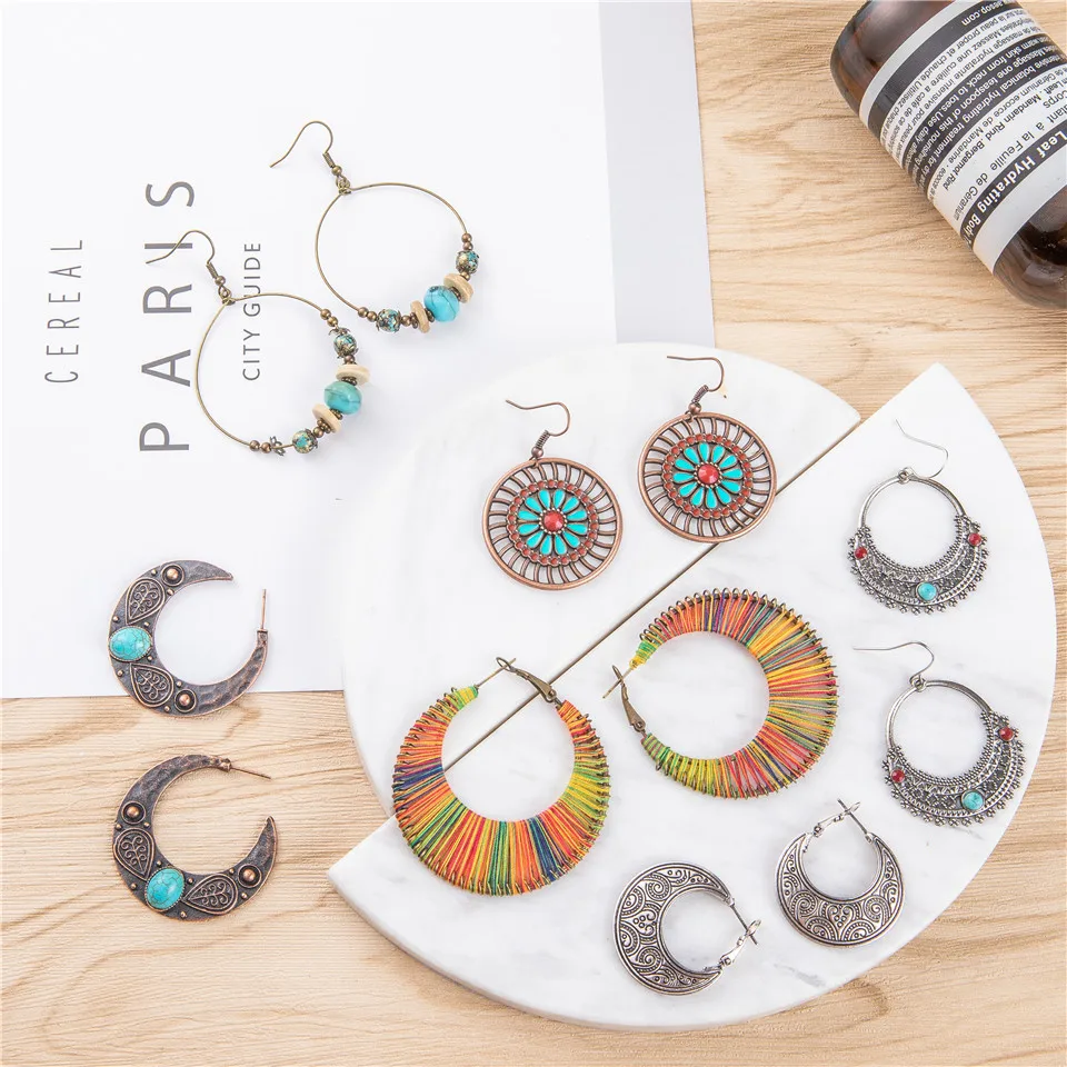 Ethnic Bohemian Vintage Retro Big Round Circle Drop Earrings Resin Stones Crystal Handmade Earrings for Women Statement Jewelry (5)