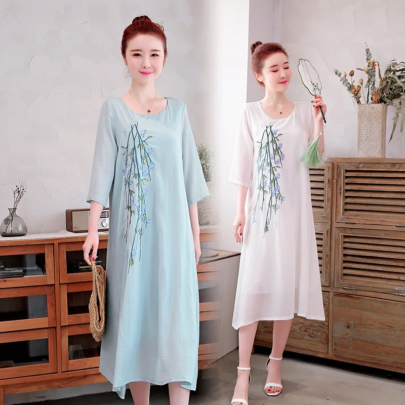 

2019 Summer New Style Cotton Linen Dress Half-sleeve Shirt Large Size Literature And Art Embroidered Ethnic-Style over-the-Knee