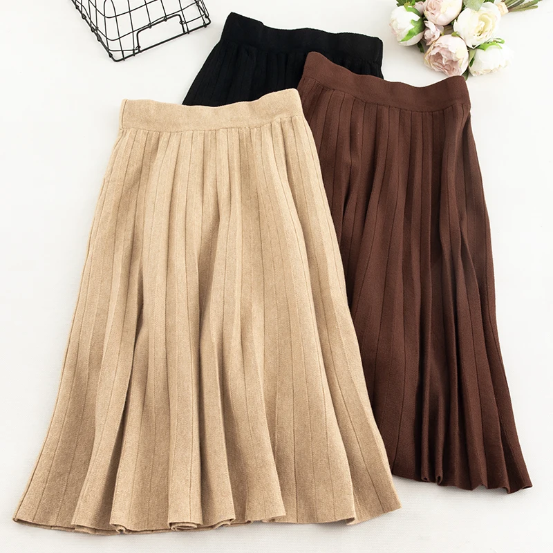 SINGRAIN Women Long Knitted Pleated Skirt Winter Warm High Waist Skirt Autumn Elastic Midi Long A-Line Stripe Knit Sweater Skirt