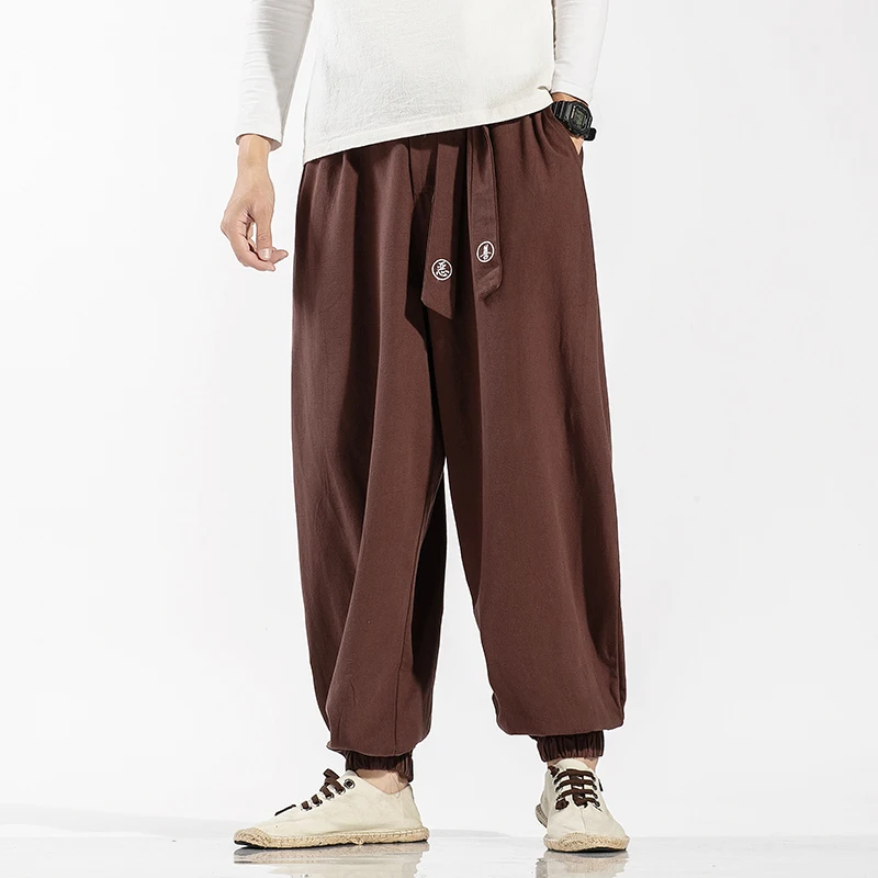 2022 Men Cotton Linen Harem Pants Mens Baggy Jogging Pants Chinese