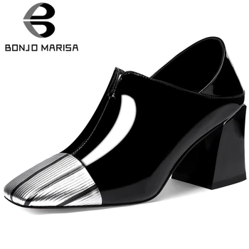 

BONJOMARISA New Ladies Brand Office Patchwork Pumps Fashion Square Toe Work Pumps Women 2020 High Wide Heel Shoes Woman