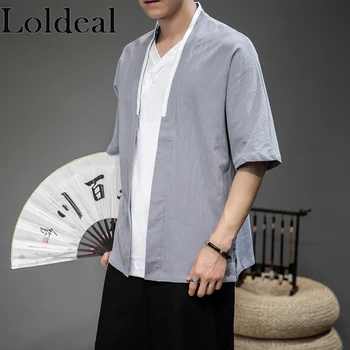 

Loldeal Men's Short-sleeved Shirt Chinese Style Comfortable Cotton and Linen Casual Kimono