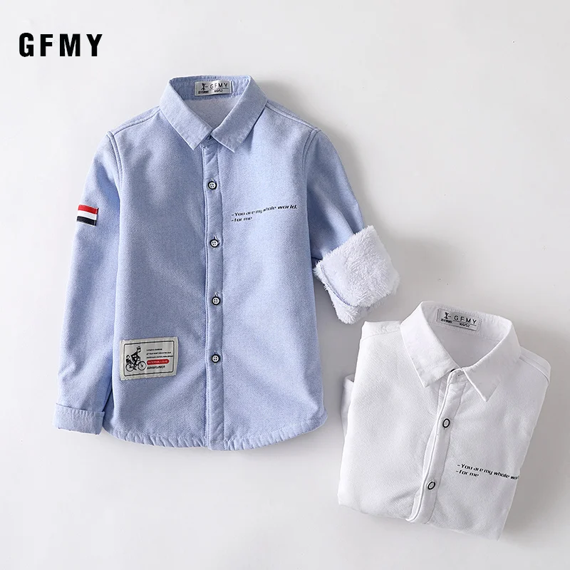 GFMY/ г. Зимняя модная Однотонная рубашка с длинными рукавами из хлопка для мальчиков От 3 до 12 лет повседневная одежда для больших детей синие и белые рубашки