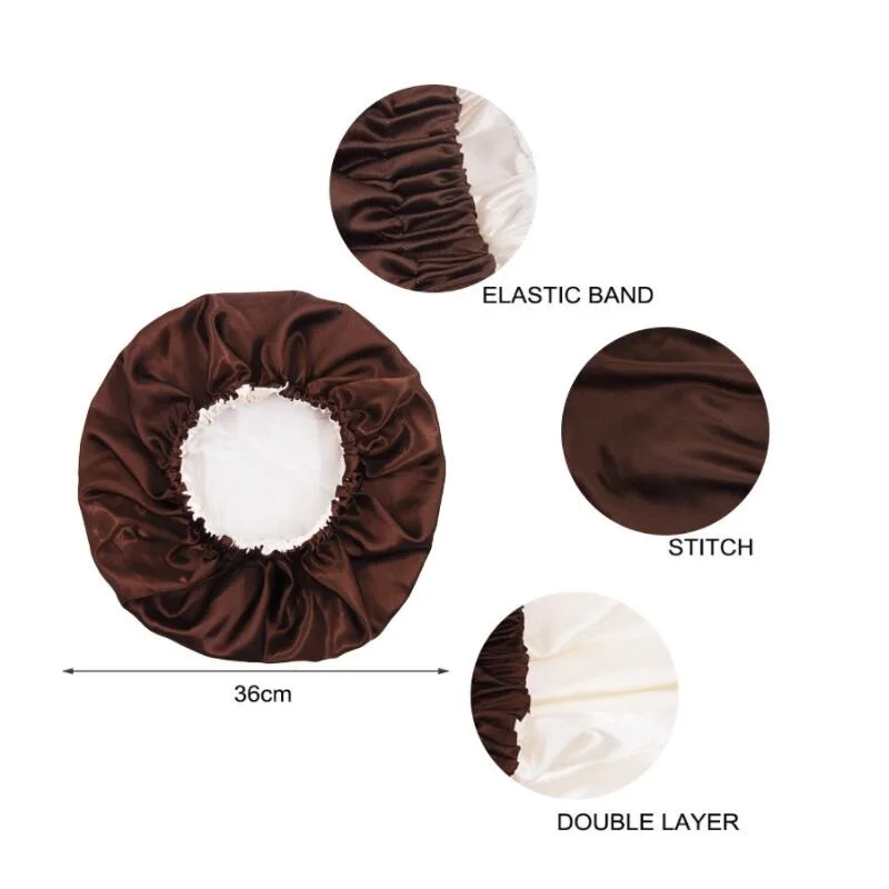 Solid Color Reversible Silky Satin Bonnet Double Layer Sleep Night Cap Head Cover Bonnet Hat Curly Springy Hair Black sleeping bonnet caps