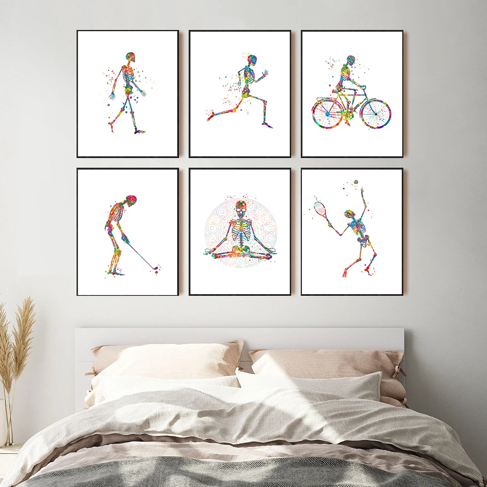 Nordic Prints Posters Moving Skeleton Silhouette Wall Art Canvas Painting Anatomy Walk Bike Medical Pictures Home Decor | Дом и сад