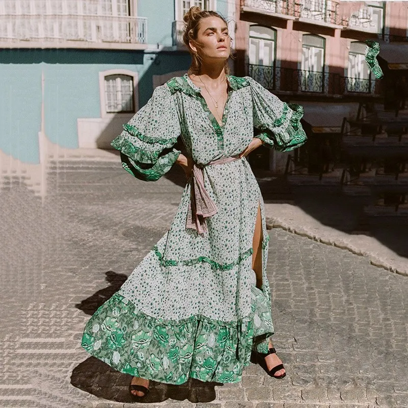 2019 Summer Bohemian Long Dress Vintage Ethnic Lantern Sleeve Ruffles ...