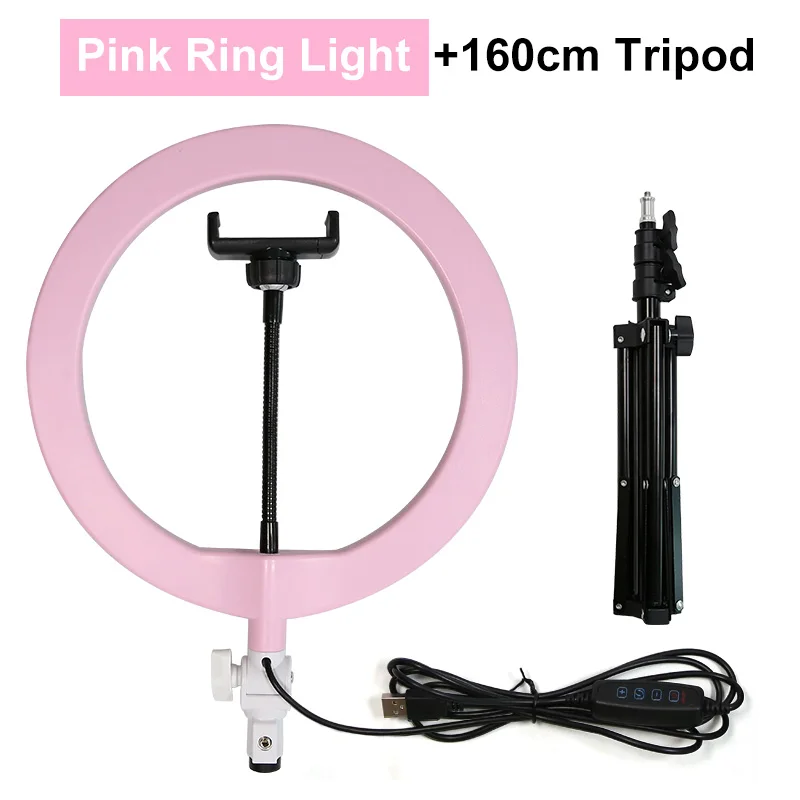 Pink(160 tripod) Светодиодный кольцевой светильник для селфи с регулируемой яркостью для фотосъемки, для макияжа, видео в реальном времени, 26 см, кольцевая лампа для фотостудии с держателем для штатива для мобильного телефона - Цвет: Pink(160 tripod)