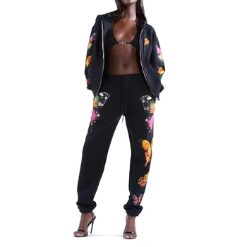 

2 Pieces Suit Set for Women Butterfly Printed Female Clothes Zipper Hoodies Long Sleeve Coats Pants Casual Street Wear Tracksuit