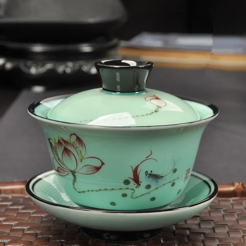 Винтажная керамическая фарфоровая чайная чаша в форме лотоса Gaiwan, ручная роспись, с рисунком рыбы, с крышкой, блюдце, набор, посуда для напитков, чайная посуда, чайный горшок, декор