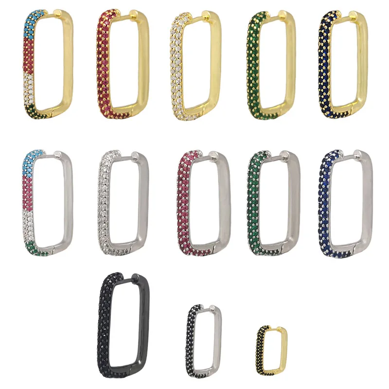 QMHJE 1 Piece Hoop Earring Women CZ Rainbow Jewelry Gold Silver Color Geometric Rectangle Hoops Earing Aretes Small Big | Украшения и