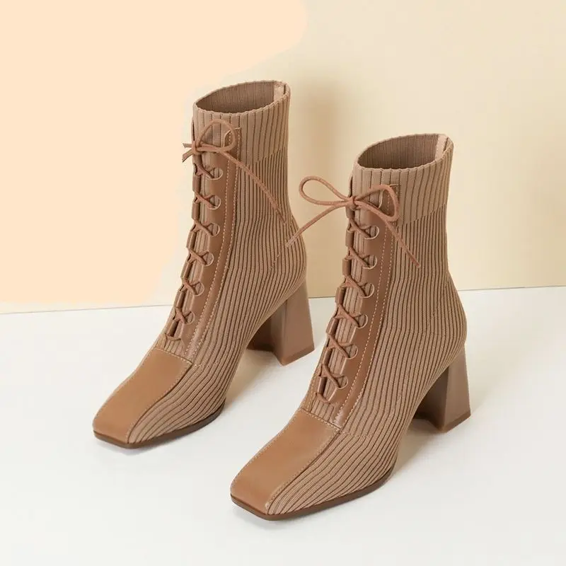 

miaoguan 2021 Autumn Winter New Fashion Stitching Knitted Elastic Stockings Boots High-heeled Short Boots Women's Square Toe 39