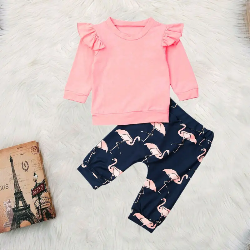Autumn Spring Infant Kids Baby Girl Clothes Long Sleeve Shirts Ruffle Tops Flamingo Pants Outfits Baby Clothing 0-18M