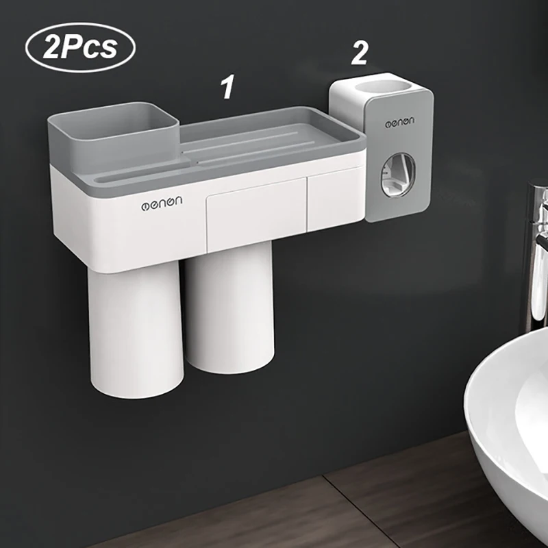 Gray 2 cup set GESEW держатель для зубных щеток сильная Адсорбция Магнитная чашка Водонепроницаемый Пробивка зубная щетка домашняя рама набор аксессуаров для ванной комнаты - Цвет: Gray 2 cup set