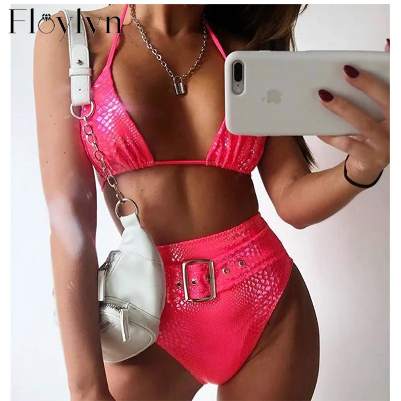 Floylyn Sexy High Waist Bikini Set Black Triangle Swimsuit Female Push Up Swimwear Summer Bathers Belt Bathing Suit | Женская одежда