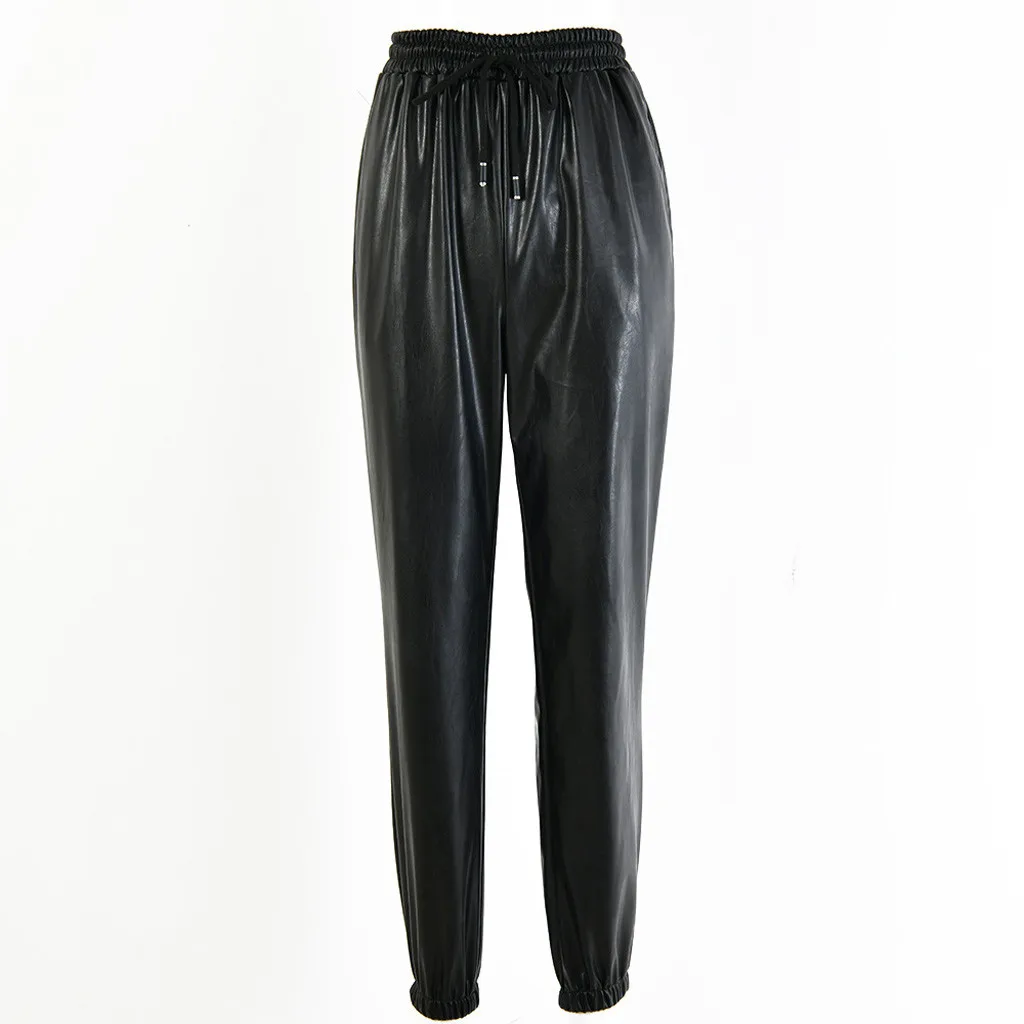 Женские брюки из искусственной кожи с высокой талией для бега, женские брюки - Цвет: Черный