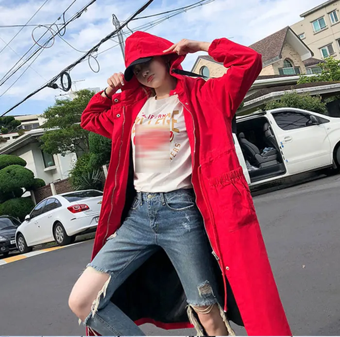 Spring Autumn New Women Loose Harajuku Windbreaker Long Sleeve Hooded Casual Plus Size Medium Long Trench Coats Casacas