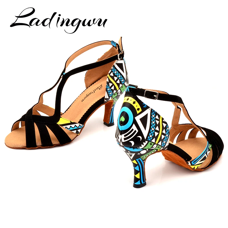 Ladingwu/Лидер продаж; женская танцевальная обувь; латинский бальный танец; обувь для девушек; обувь для сальсы; обувь для танцев из замши и кожи с принтом