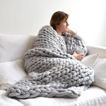 

Hand Chunky Wool Knitted Blanket Thick Yarn Wool Throw Carpets Winter Soft Warm Decorative Bed Home Textile Knitted Mats Pads