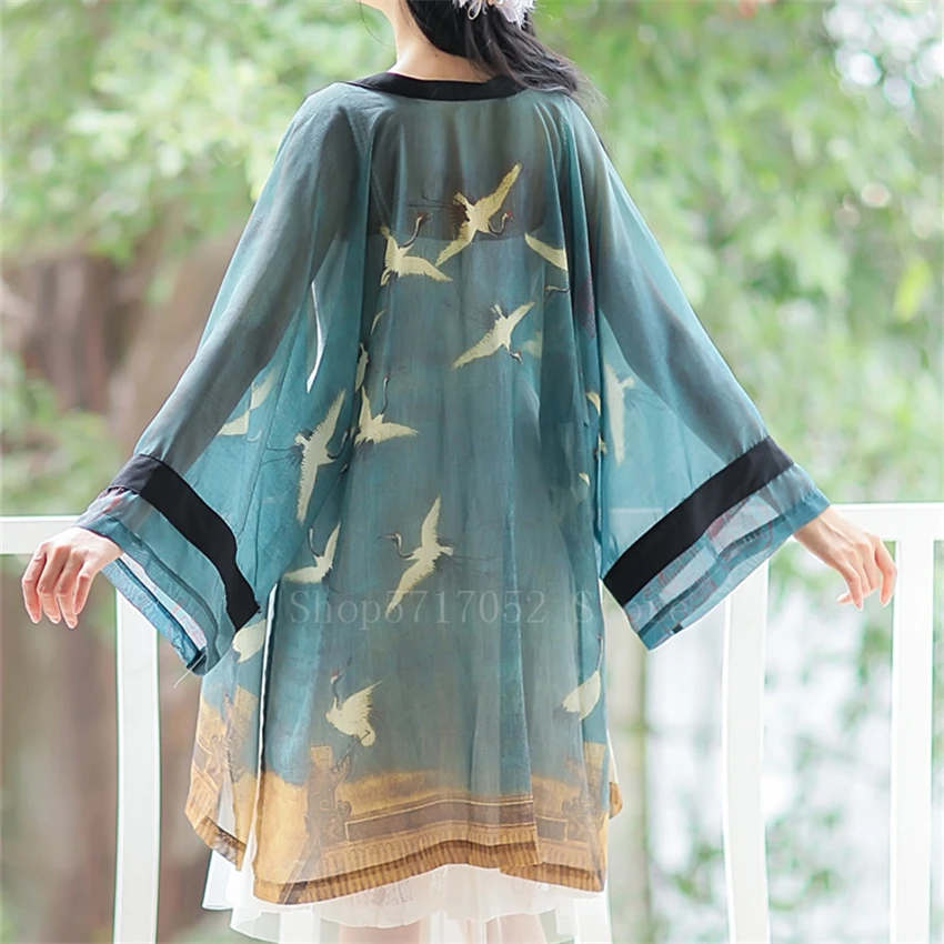 

Japanese Traditional Clothes Women Mujer Summer Beach Sun Protection Jacket Crane Print Kimono Haori Chinese Harajuku Cardigan