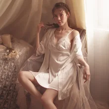 Новое сексуальное ночное белье, комплект для отдыха, комплект из двух предметов, сексуальные кружевные прозрачные шелковые халаты для женщин, пижамы, платье на бретелях