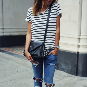 

2019 Harajuku Fashion Women Ladies Casual Short Sleeve Loose Summer Black Striped T-shirt Tops Basic Tee S XL