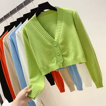 

Knitted Crop Cardigan Women Korean Short Sweater Long Sleeve v Neck Green Blue