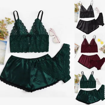 

Sexy Women Lace Pajamas Set Bow V-neck Summer Sleeveless Sleepwear Three-Piece Pajamas Soft Homewear Spaghetti Strap Pijama