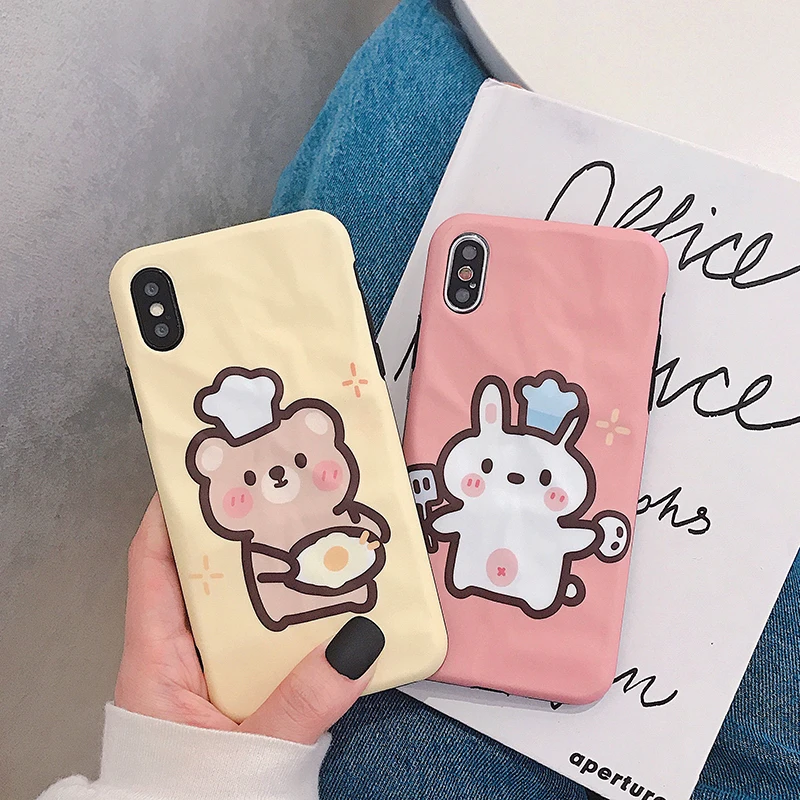 

VZD Cute Chef Bunny Bear Phone Case for iPhone Xs Max Xr Bump Surface Soft Cover for Iphone X 8 7 6s Plus Case Back Cover Coque