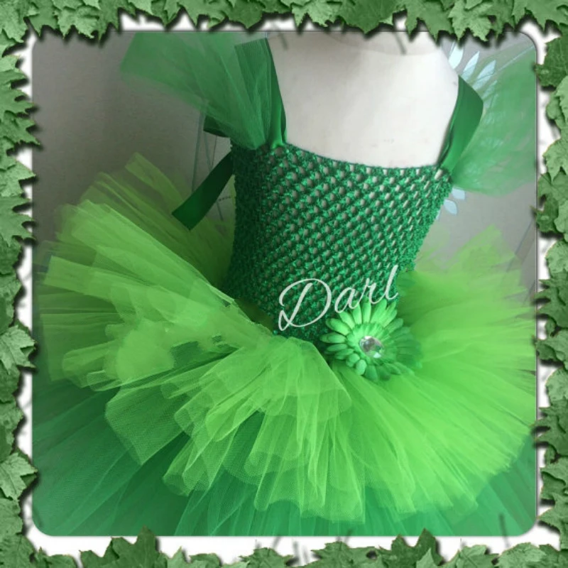 Girls Green Cake Tutu Dress Kids Crochet Fluffy Tulle Dress Ball Gown with Daisy Flower Children Birthday Party Costume Dresses