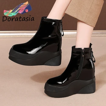 

DORATASIA Brand New high-quality Patent Leather Zipper Platform Height Increased Ankle Boots Stylish Winter Shoes Boots Women