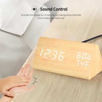 

New Triangular Wooden Alarm Clock Sound Control LED Digital Alarm Clock 3 Alarms USB/Battery Dimmer Indoor Hygrometer Thermomete