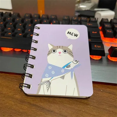 80Page A7 Korea Cartoon Anime Coil Notebook Small Notepad Animal Rollover Office School Learn Supplies Mini Kawaii Diary Journal 1604 cat Purple