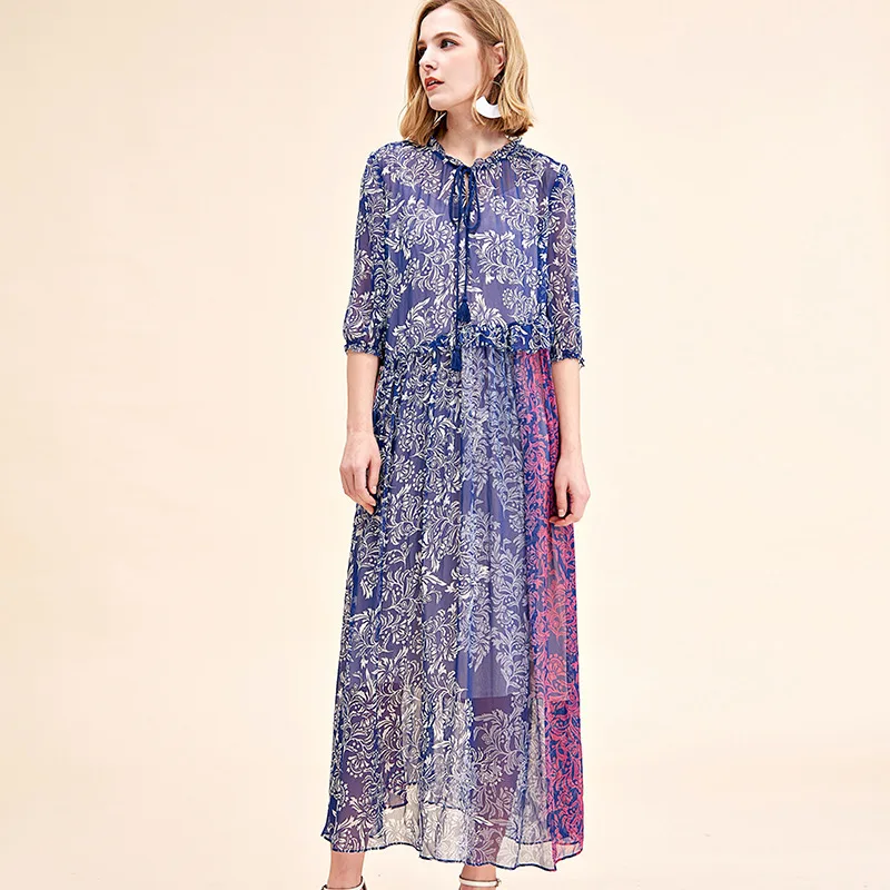 

blue chiffon white floral silk dresses women 2020 summer long casual office work beach party dress plus size fashion dropship