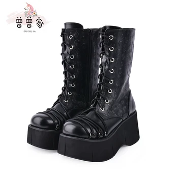 

Princess sweet lolita boots Original skull print women's boots punk horse shoe heel with punk middle tube boots women pu137