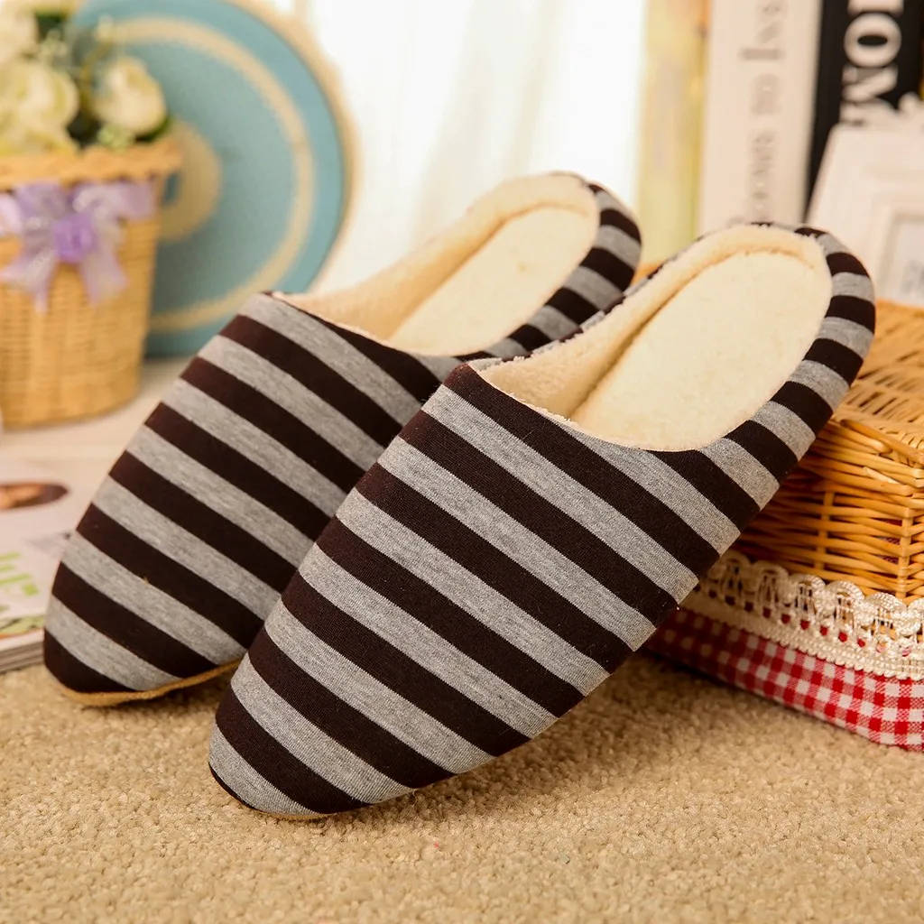 Zapatillas suaves De felpa para hombre, zapatos antideslizantes a rayas con piel para el hogar, dormitorio, Casa, Invierno