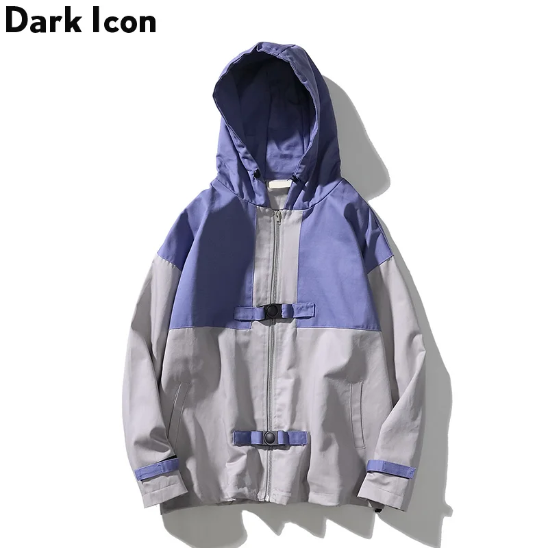 

Color Block Patchwork Mens Jackets With Hoodies 2019 Spring Autumn Buckled Cardigan Jackets Outwear Male