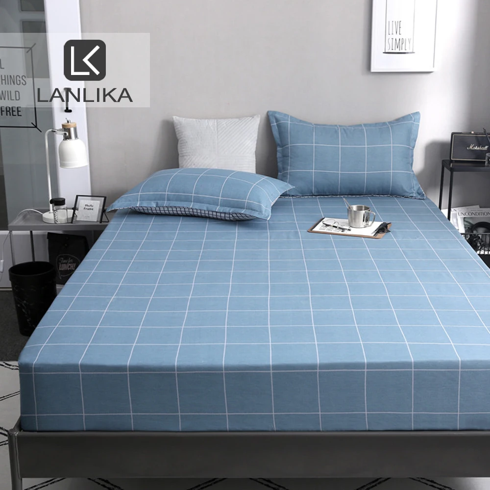 Lanlika 1PCS Grid Fitted Sheet Double Mattress Cover Bed Sheets On