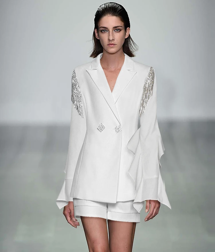 Белый пиджак элегантные офисные платья дизайнерский Подиум алмаз корейский гофрированный сексуальный Высококачественный осенний модный Женский блейзер